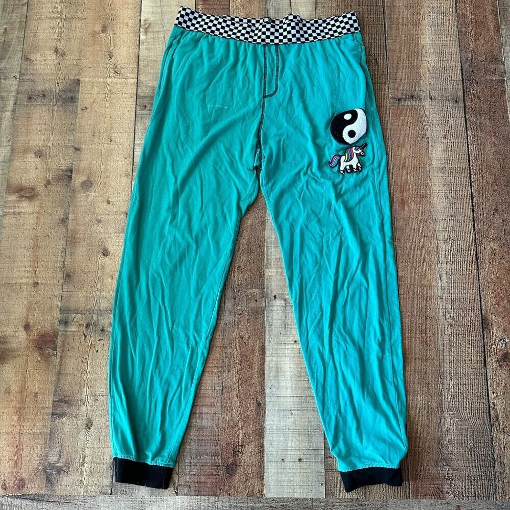 Top Drawer Men's Jogger Pajama Bottoms Blue Green with Embroidered Patches -XL